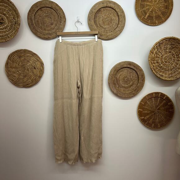 Abercrombie Beige Tan Crinkle Tie Waist Pull On Wide Leg Pant Large Neutral - Picture 3 of 6